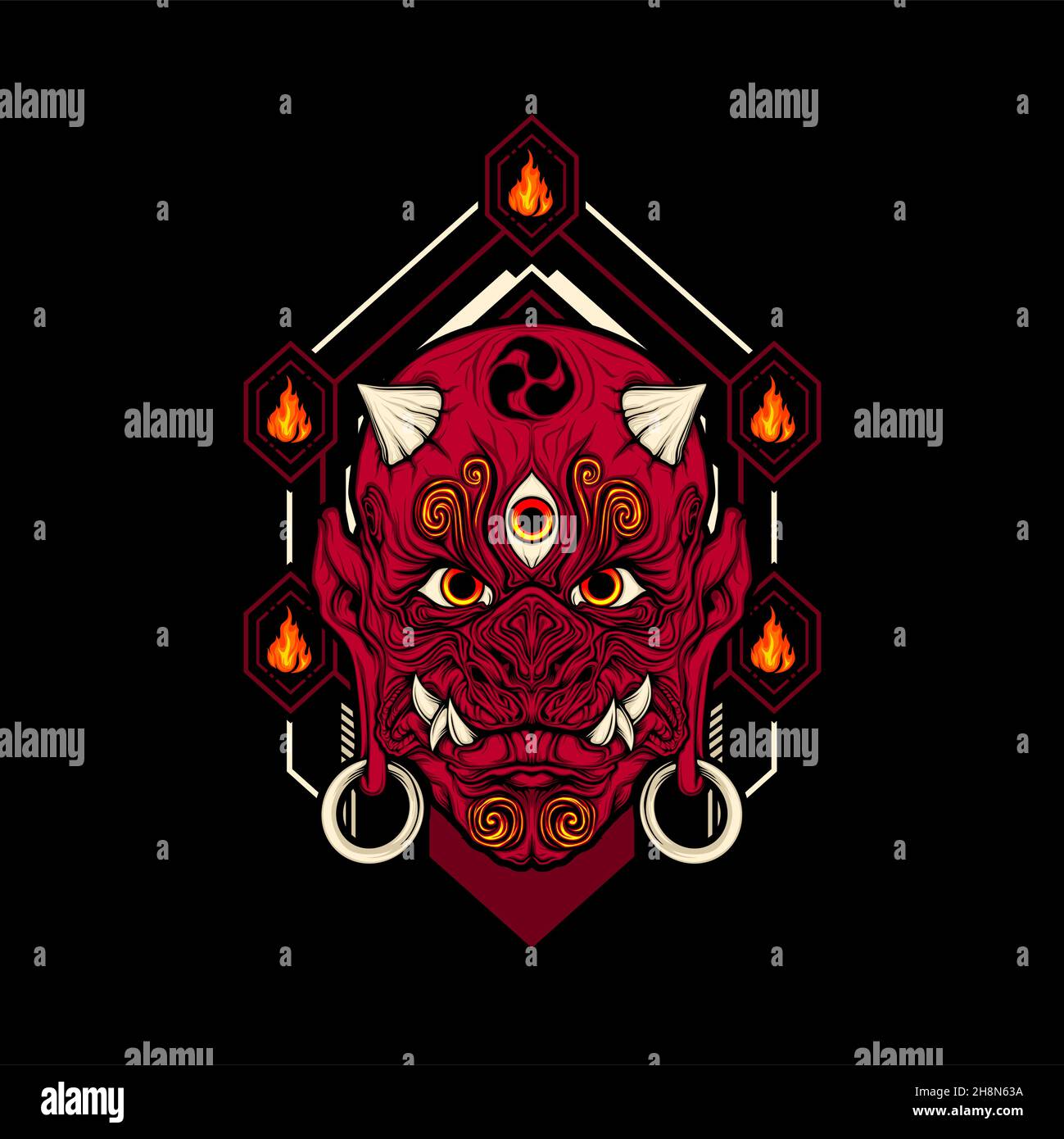 japanese demon mask with awesome background Stock Vector