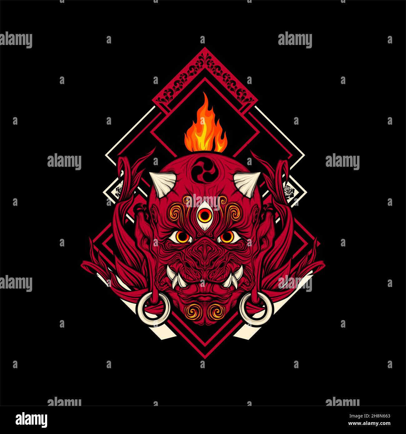 japanese demon mask with awesome background Stock Vector