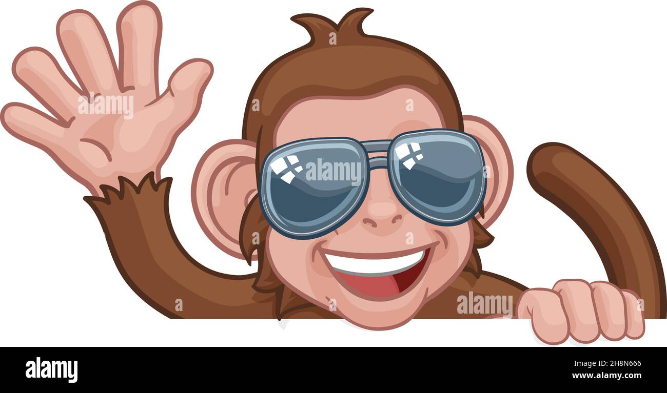 Monkey Sunglasses Cartoon Animal Sign Waving Stock Vector