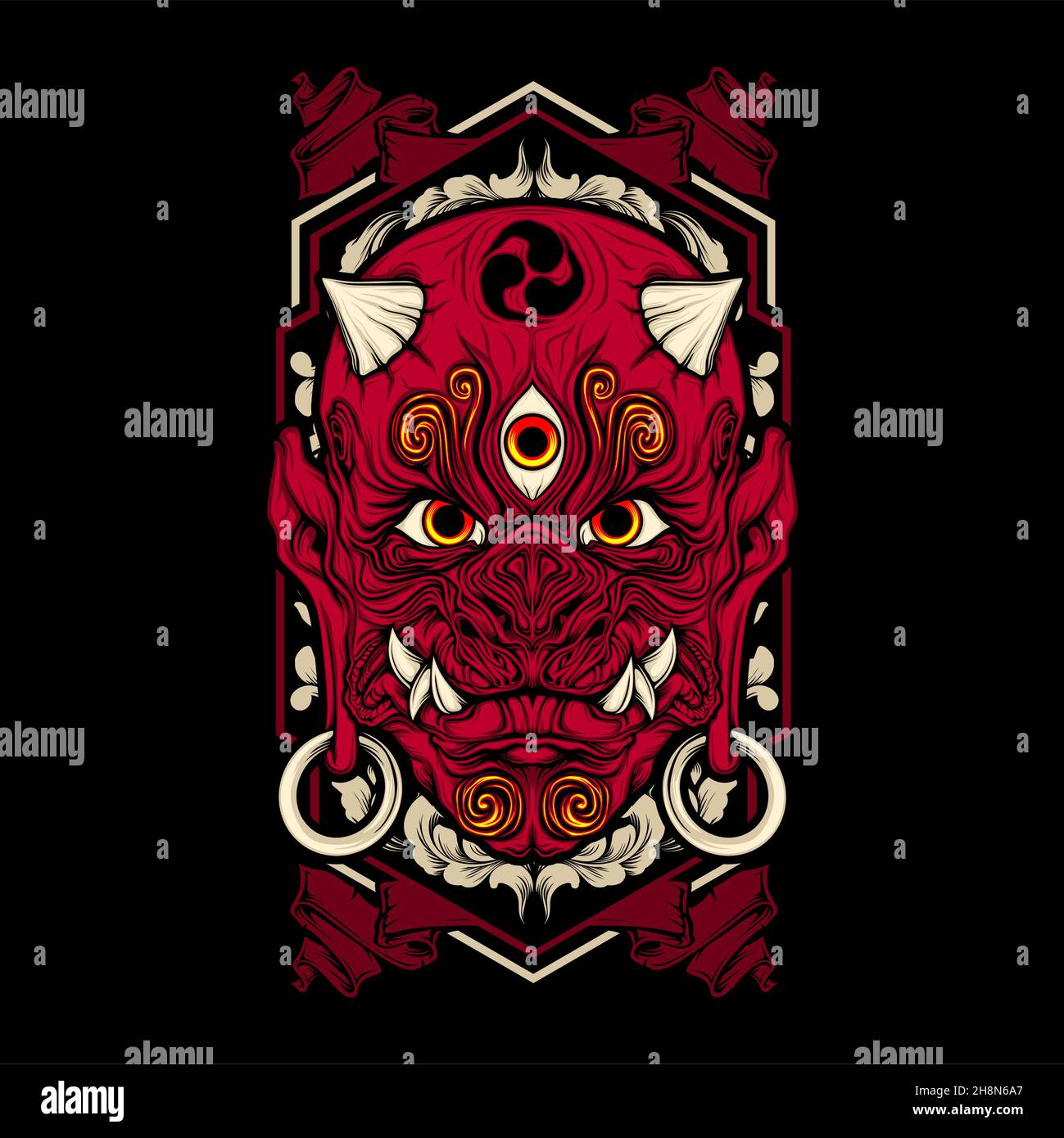 japanese demon mask with awesome background Stock Vector