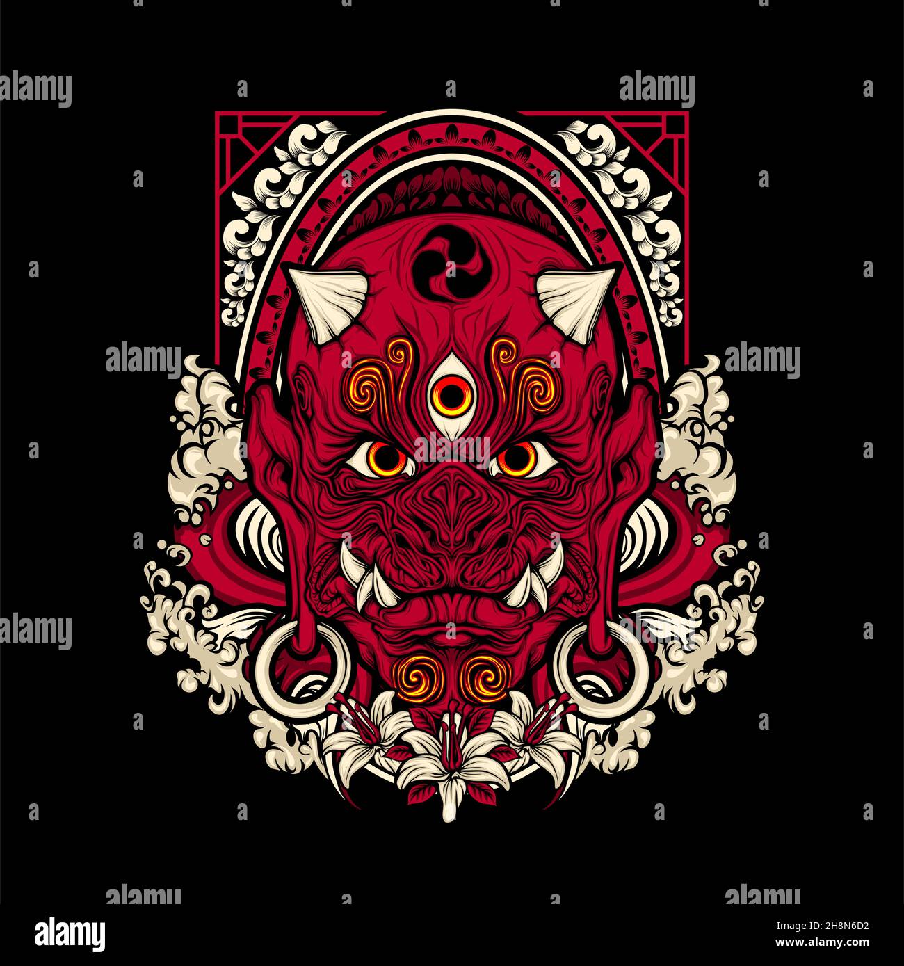 japanese demon mask with awesome background Stock Vector