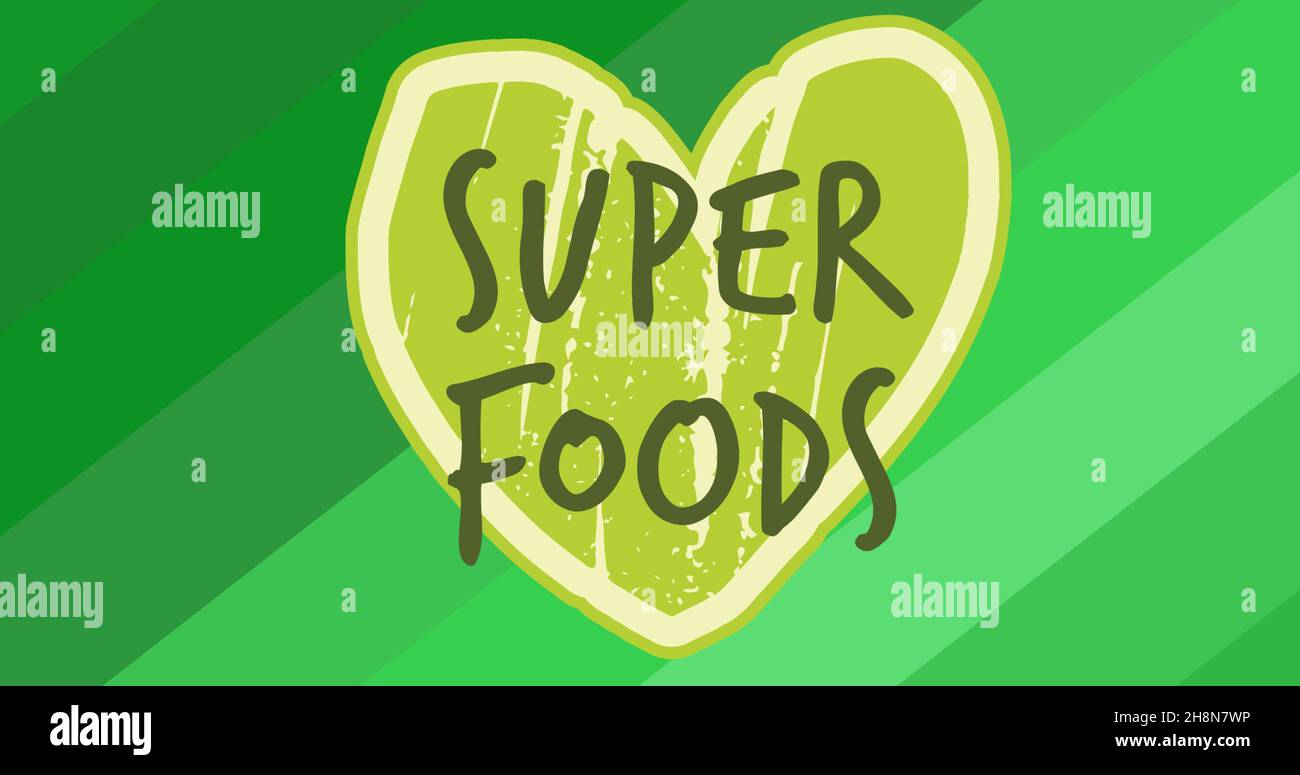 Digital composite image of super foods text on heart shape symbol over abstract background Stock Photo