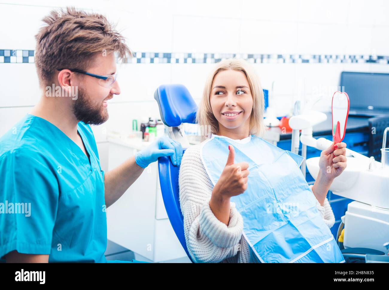 Satisfied patient in dentistry Stock Photo