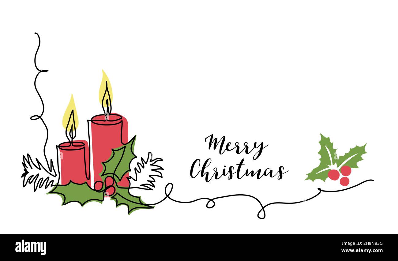 Christmas red candles with holly berry vector hand drawn sketch, doodle, color illustration for xmas. One continuous line art drawing, background Stock Vector