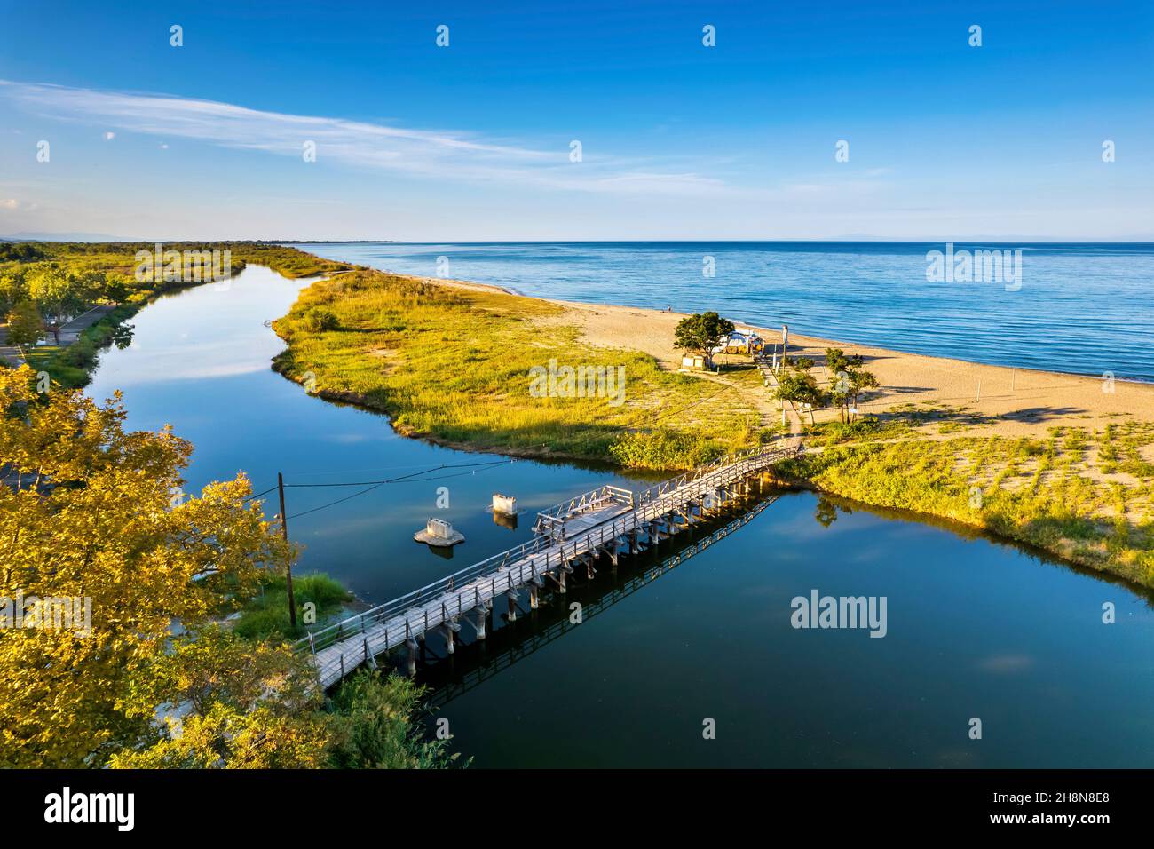 The beach of Stomio village and the southern 'edge' of the Delta of Pineios river at the Aegean Sea. Larissa, Thessaly, Greece. Stock Photo