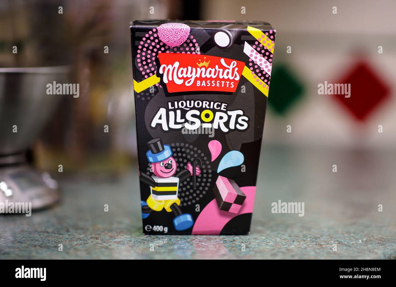 A gift size box of Maynards Bassetts liquorice allsorts in a kitchen, UK. Stock Photo