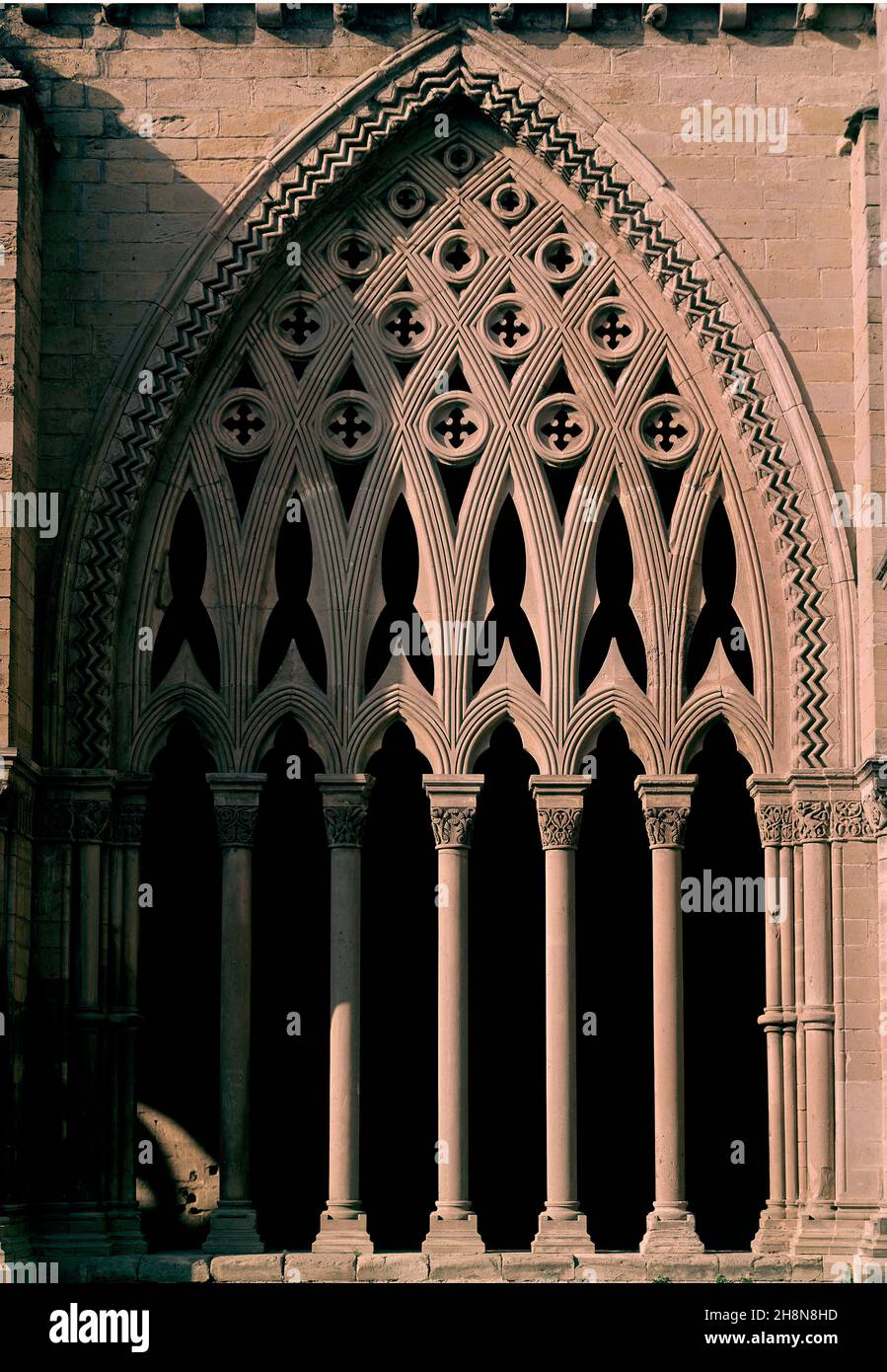 DETALLE DE UN ARCO OJIVAL CON CRESTERIA DEL CLAUSTRO DE LA CATEDRAL VIEJA DE LERIDA - SIGLO XIV - GOTICO CATALAN. Author: CASCALLS JAUME / SOLIVELLA GUILLERMO. Location: CATEDRAL VIEJA. Lerida. SPAIN. Stock Photo