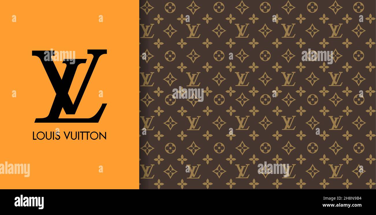 Foto de Kyiv, Ukraine. March 3, 2020. Louis Vuitton famous monogram.  Multicolored logo printed on knitted synthetic black fabric. Luxury brand  backgrounds and textures. French fashion house and retail company do Stock
