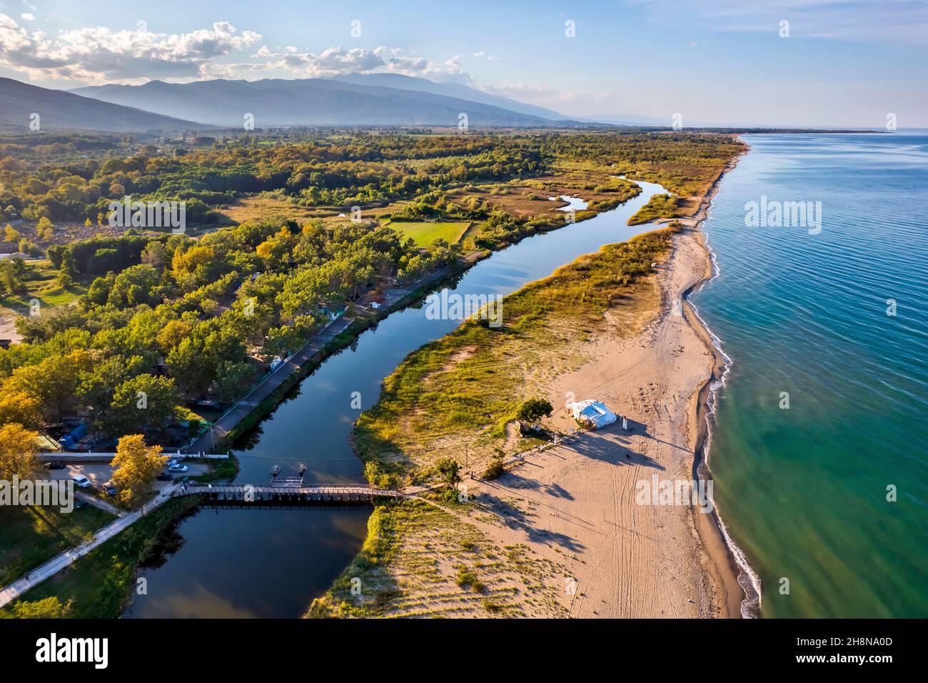 The beach of Stomio village and the southern 'edge' of the Delta of Pineios river at the Aegean Sea. Larissa, Thessaly, Greece. Stock Photo