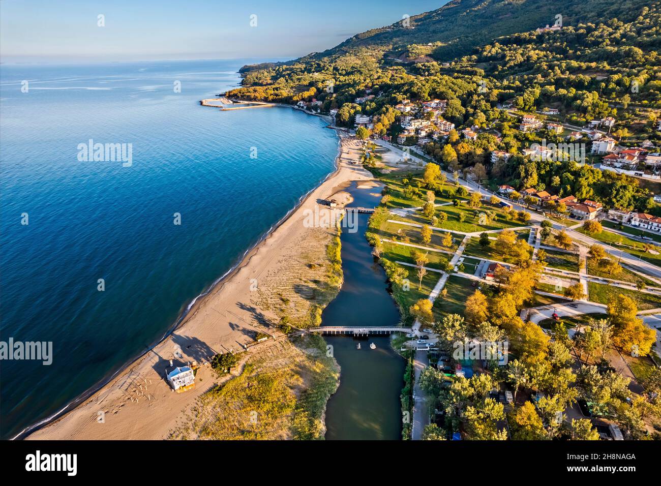 The beach of Stomio village and the southern 'edge' of the Delta of Pineios river at the Aegean Sea. Larissa, Thessaly, Greece. Stock Photo