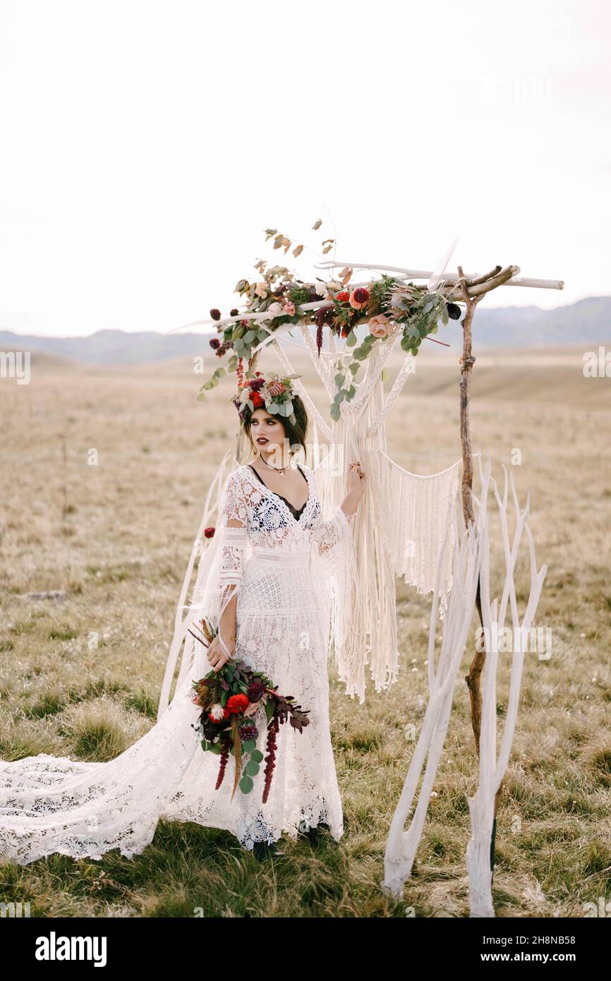 gypsy bride wedding dresses Hippie Striking Lace Dress With Tassel ZW229 Draped Pleats Lace Applique Ruched Beads Crystal Backless Plus Size Wedding Dresses Long Sleeve Lace Dresses Sheer Neck/Straps Crystal Celestial Gypsy Wedding Inspiration