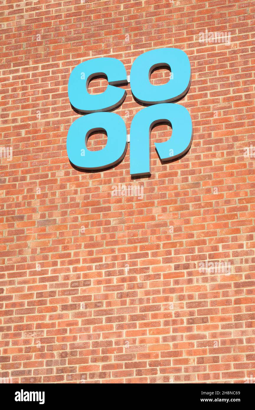 Co-Op advertising sign outside one of its retail supermarket stores in Yateley, UK, March 5, 2021 Stock Photo