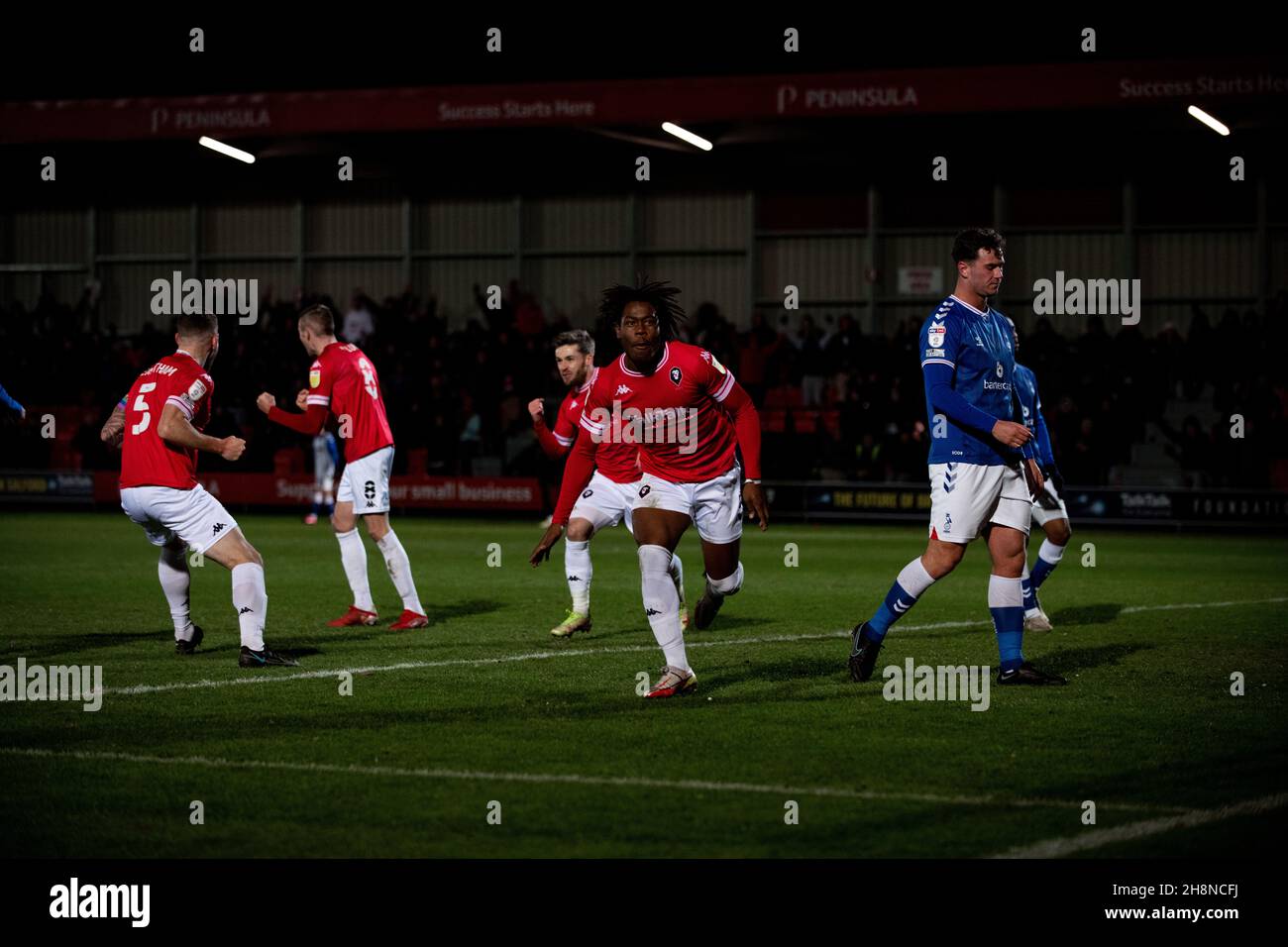 Brandon Thomas Asante scores as Salford City beat Oldham 2-0. Skybet League 2. 27/11/21. Stock Photo