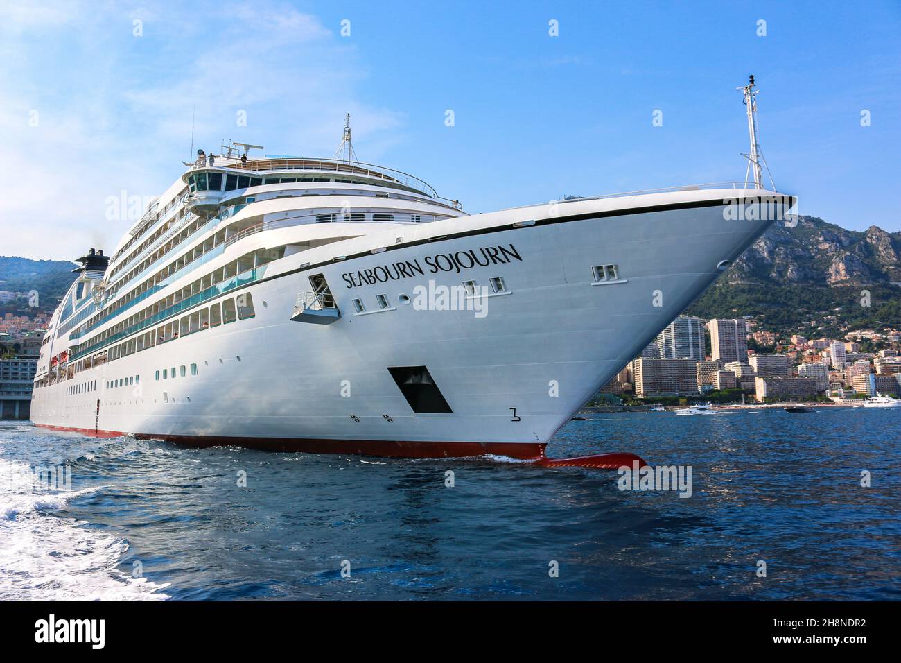 Seabourn Sojourn, luxury cruise ship operated by Seabourn Cruise Line. The vessel left port Hercule, Monaco Monte Carlo, Cruises picture image photo Stock Photo