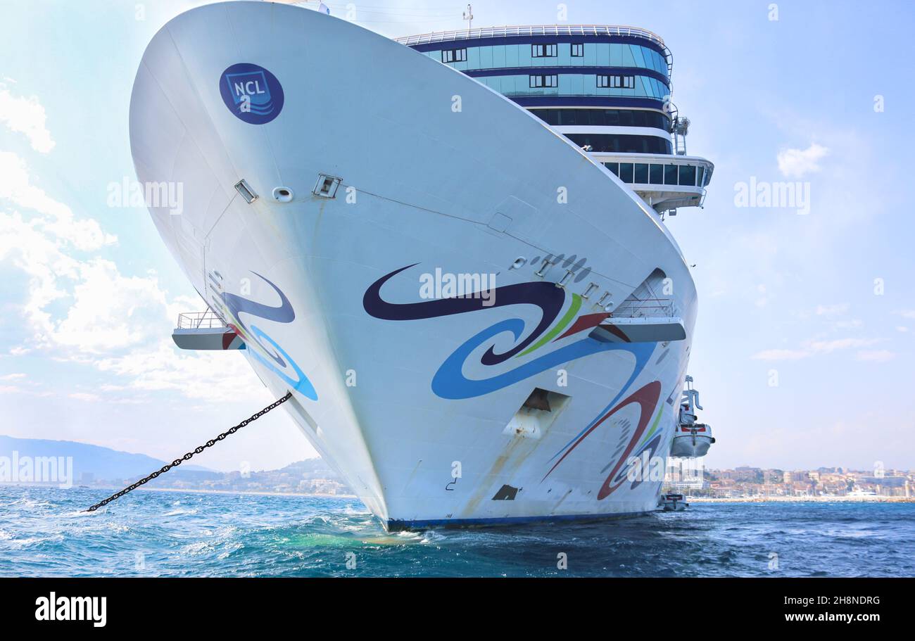 View from below of giant cruise ship bow at anchor in Cannes, Norwegian Epic, passenger ship, Norwegian Cruise Line / NCL cruises picture image photo Stock Photo