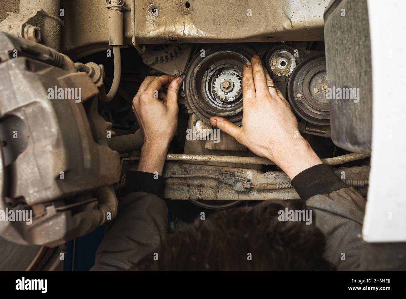 An auto mechanic disassembles a passenger car generator Stock Photo