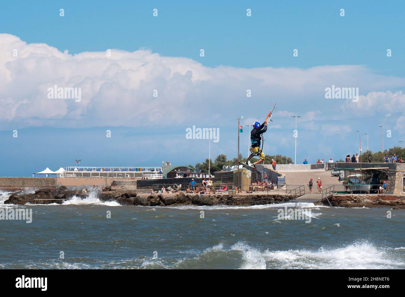 High Jump of a Kitesurf in slow motion During a Windy Day Stock Photo