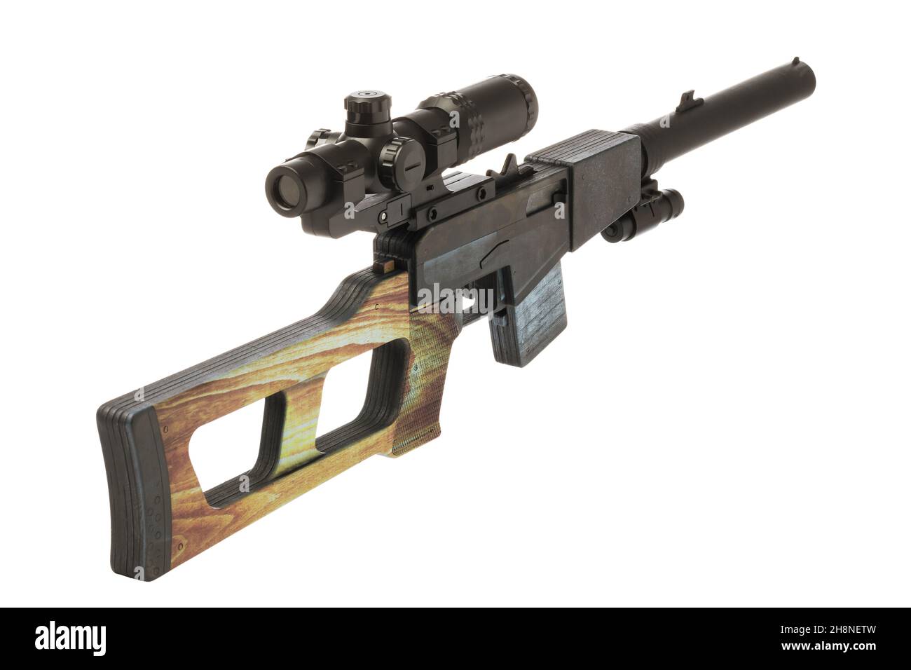 Special sniper rifle made of wood isolated on white background Stock Photo