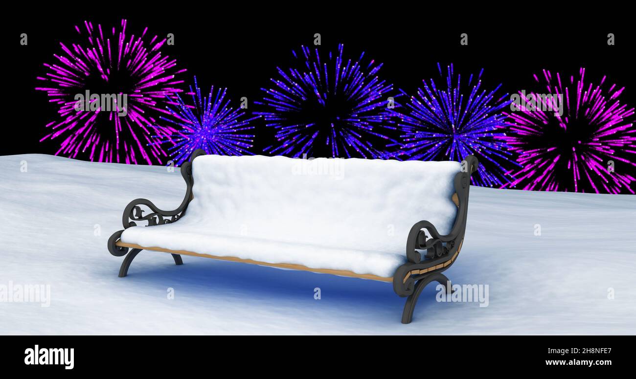Image of purple and pink christmas and new year fireworks in night sky over snow covered bench Stock Photo