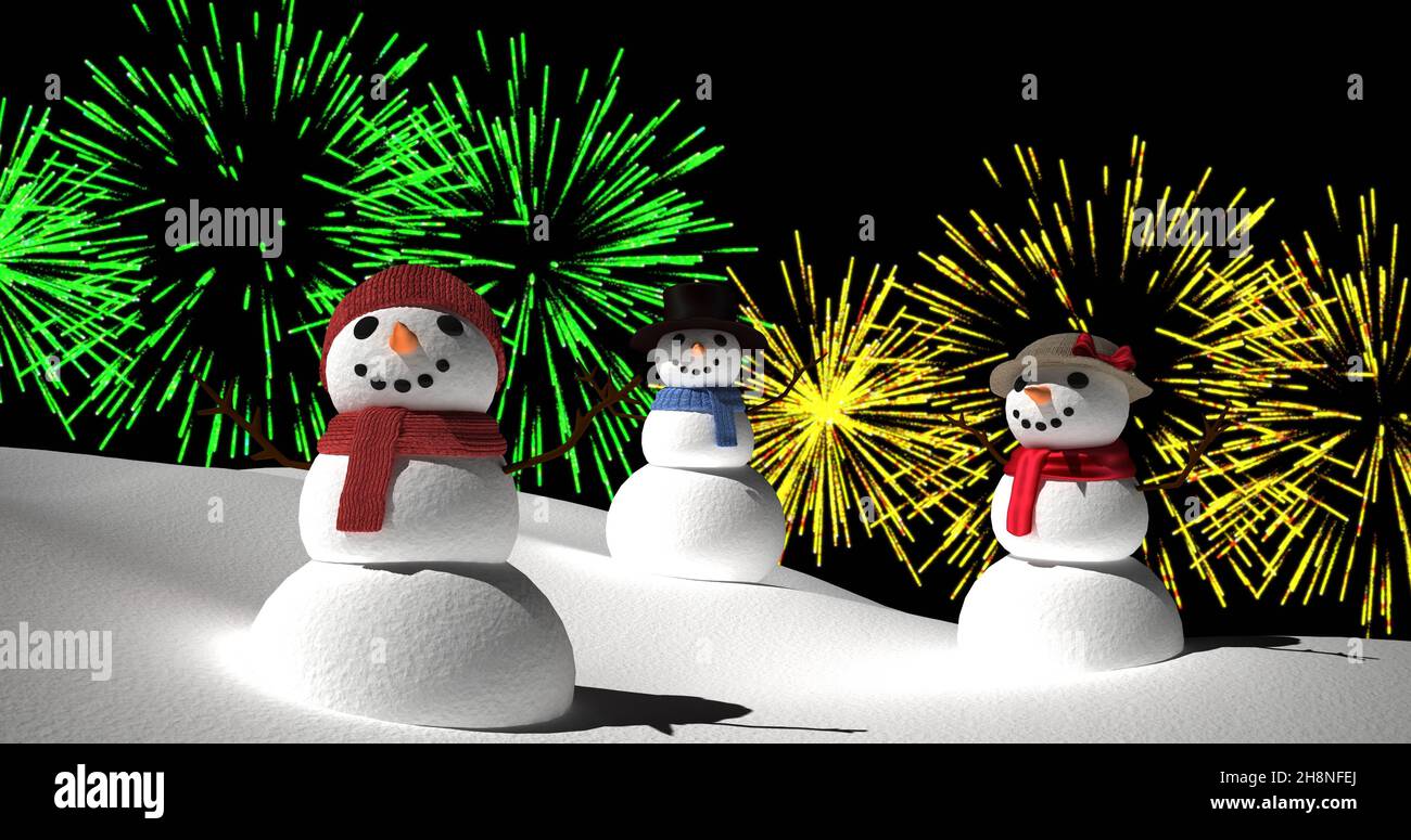 Image of snowmen with yellow and green christmas and new year fireworks ...