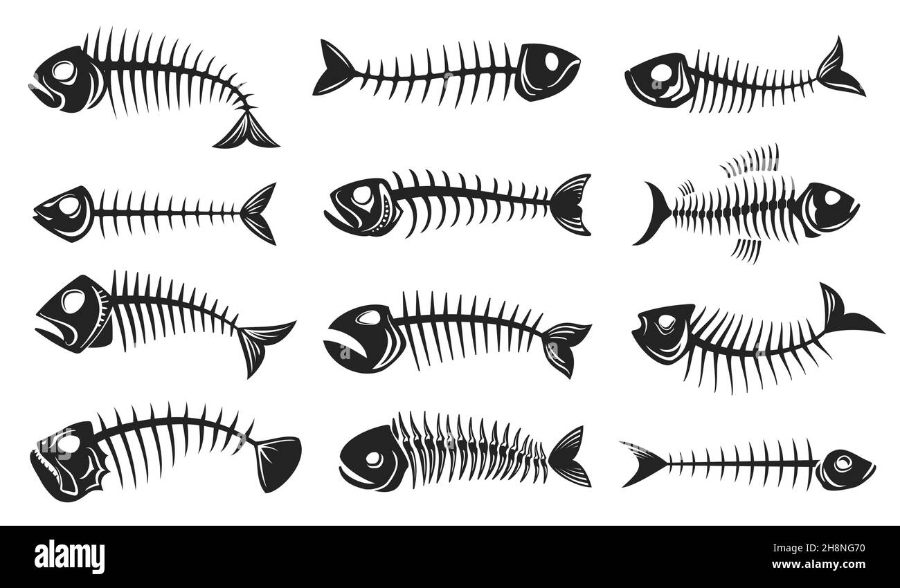 Fish bone icons, fishbone isolated skeleton vector silhouettes. Cartoon  dead fish bones of spine tail and head skull of sea herring, barracuda or  pira Stock Vector Image & Art - Alamy