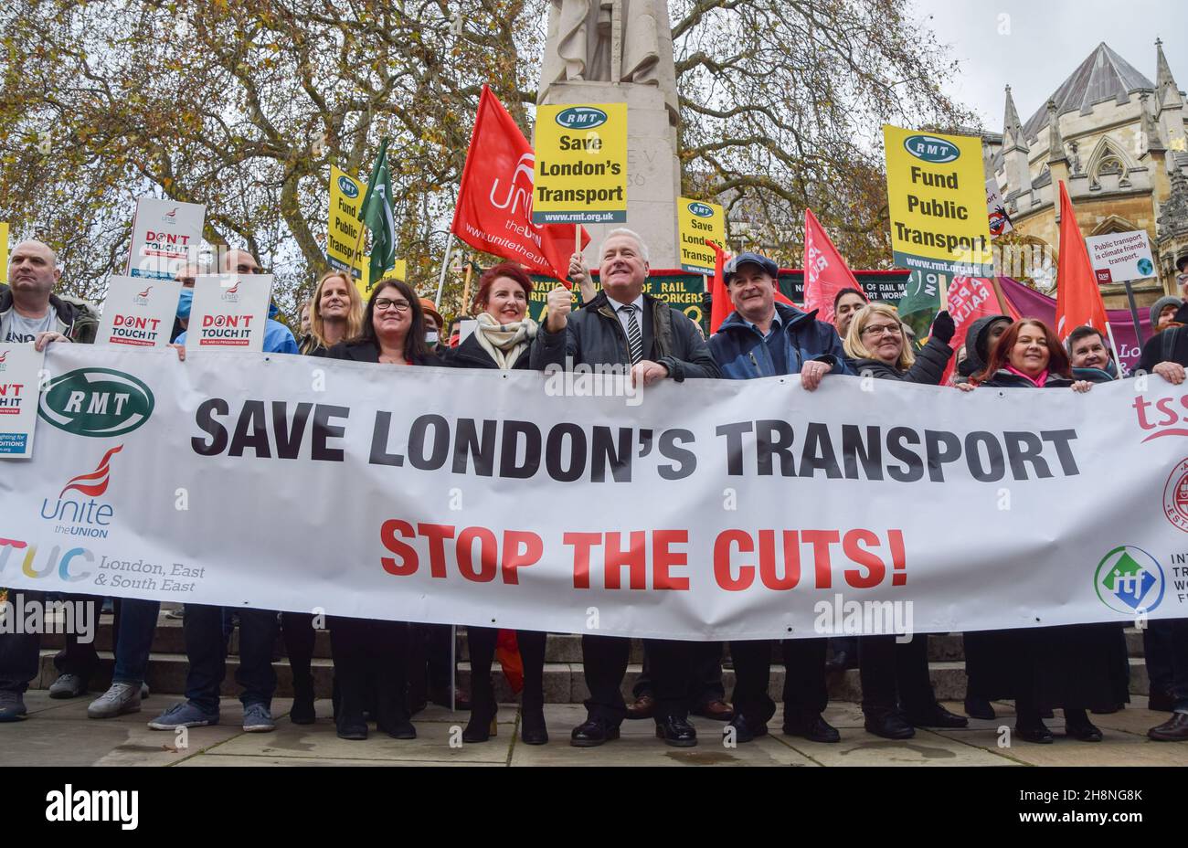 London, UK. 1st December 2021. Transport workers, union members and supporters gathered at Old Palace Yard outside Parliament in protest against threats to salaries and pensions, and threats to services and jobs, which were imposed as part of the bailout of Transport For London. Credit: Vuk Valcic / Alamy Live News Stock Photo