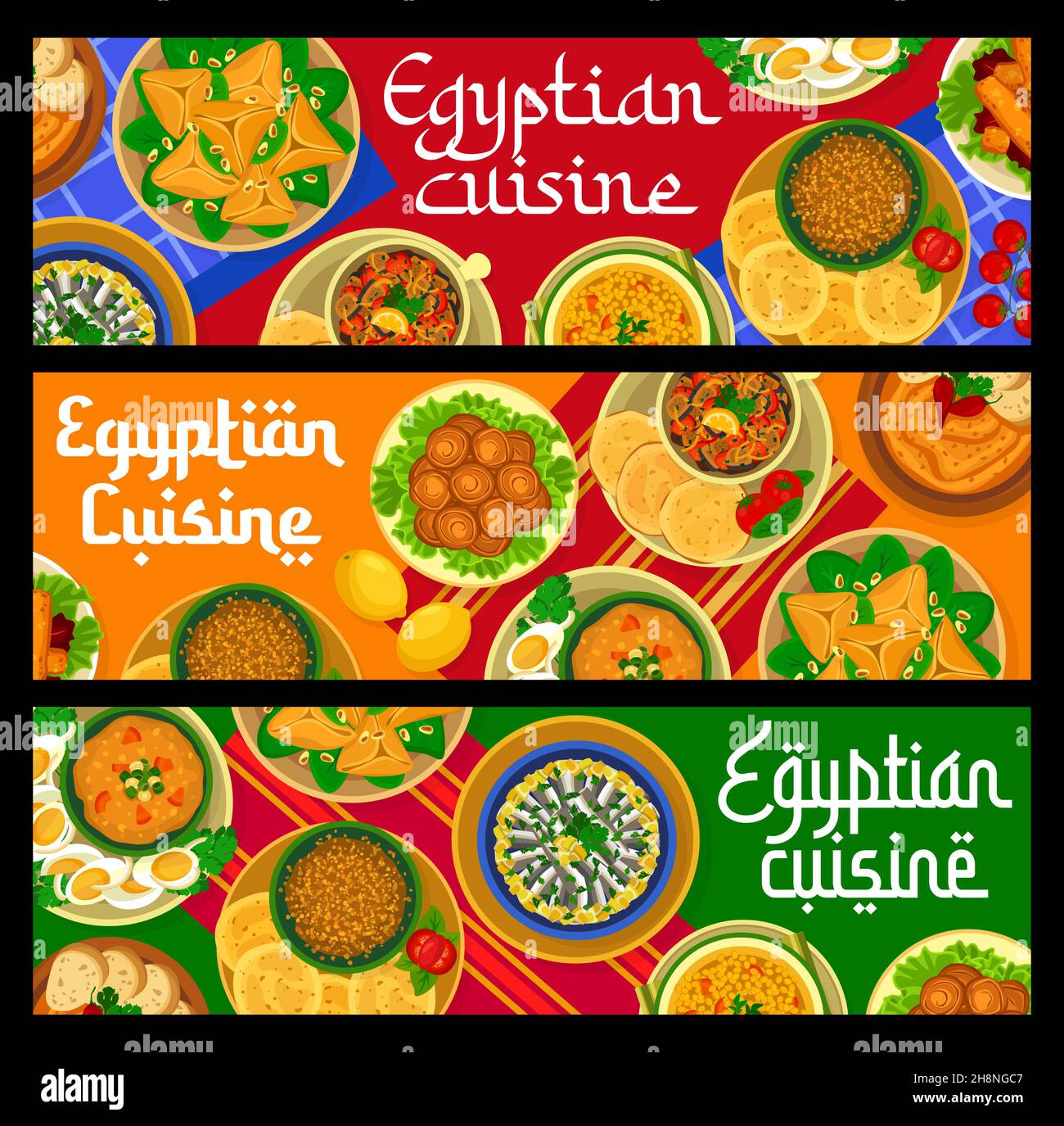 Egyptian cuisine food banners, Arab dishes and meals, vector. Egyptian cuisine restaurant lunch and dinner menu of couscous with lamb, shurba rice sou Stock Vector