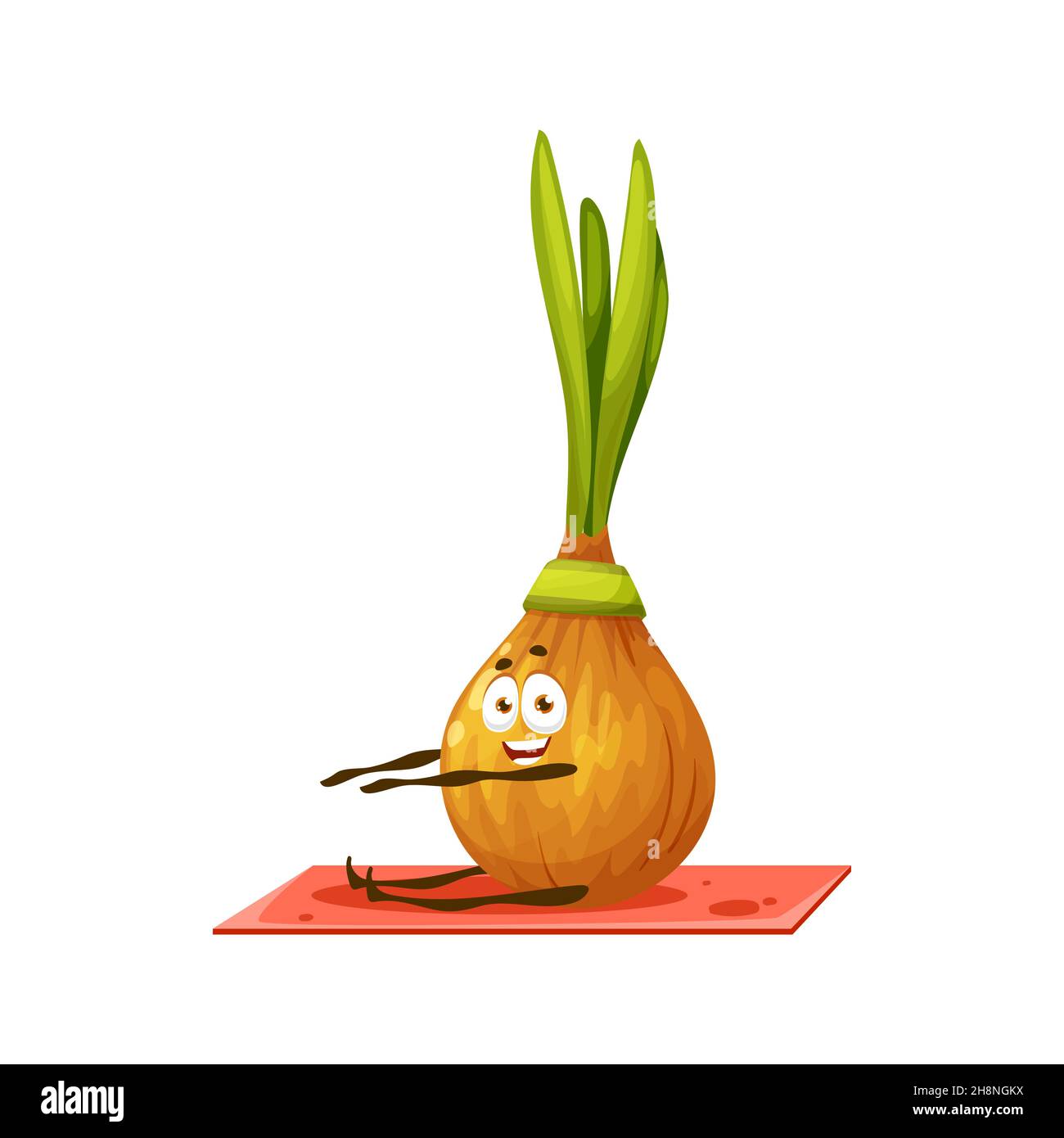 Onion with green leaves cartoon character in band stretching on fitness ...