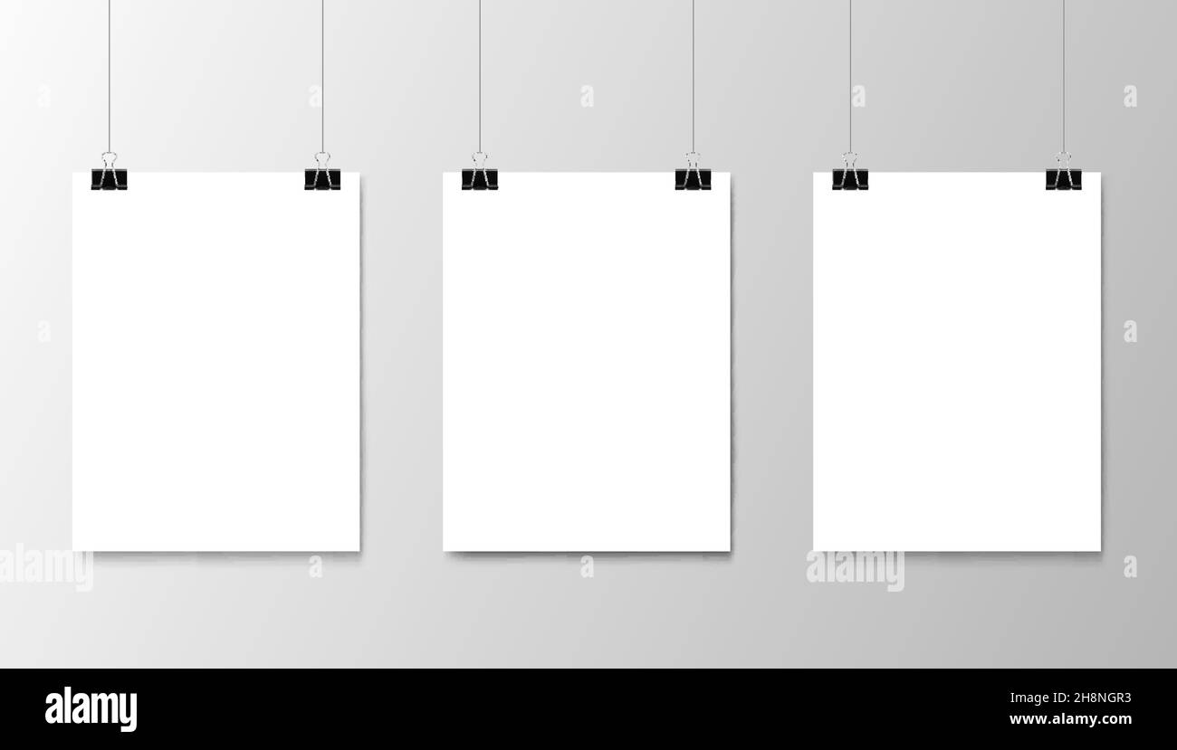 Hanging white paper posters mockup. Realistic sheets of paper on
