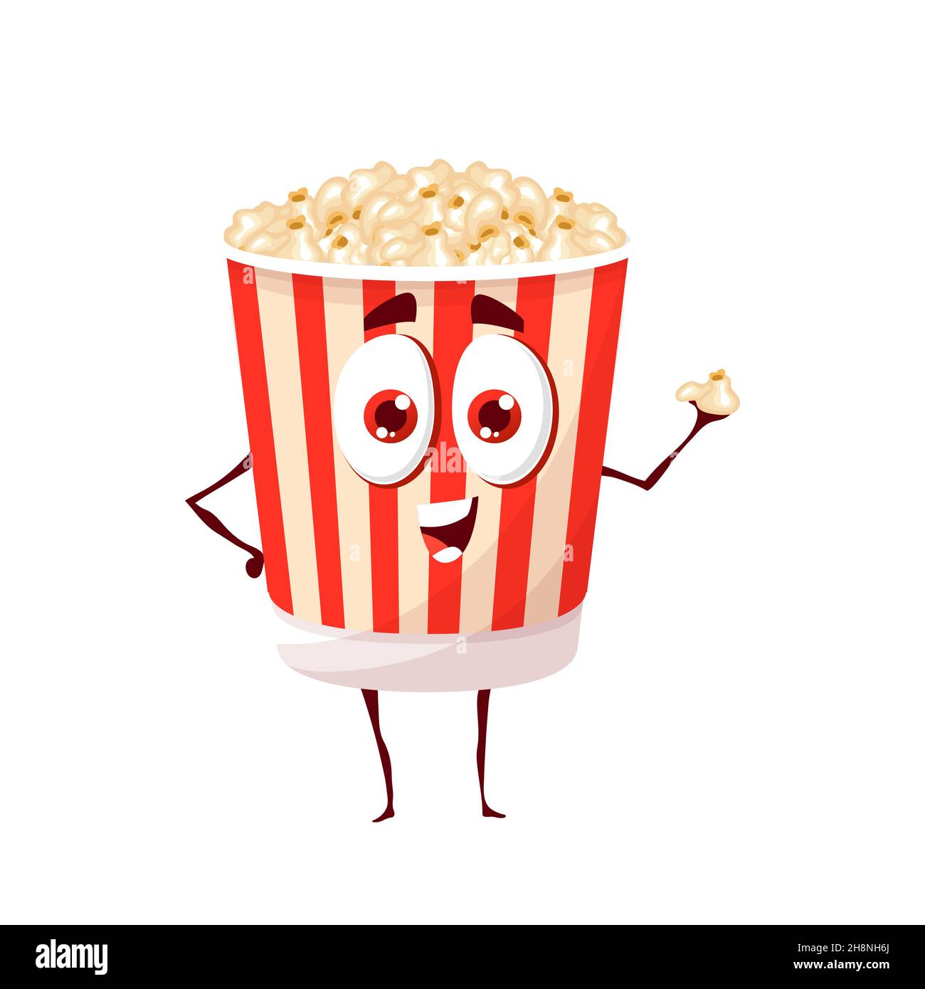 Cartoon funny popcorn character. Vector pop corn bucket with cute smiling  face holding snack piece in hand. Fast food for cinema, funny personage  with Stock Vector Image & Art - Alamy