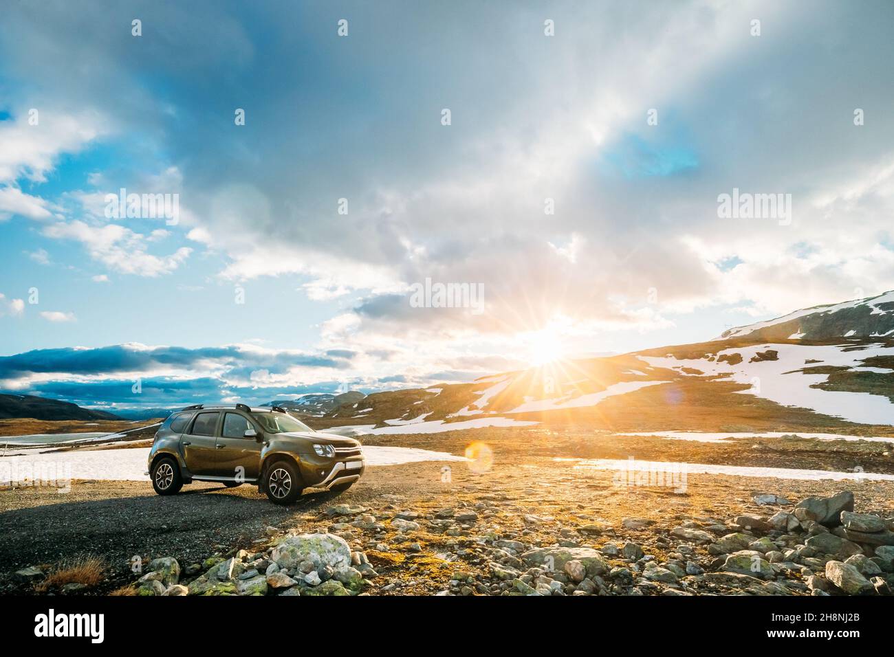 Aurlandsfjellet, Norway. Car SUV Parked Near Aurlandsfjellet Scenic Route Road In Summer