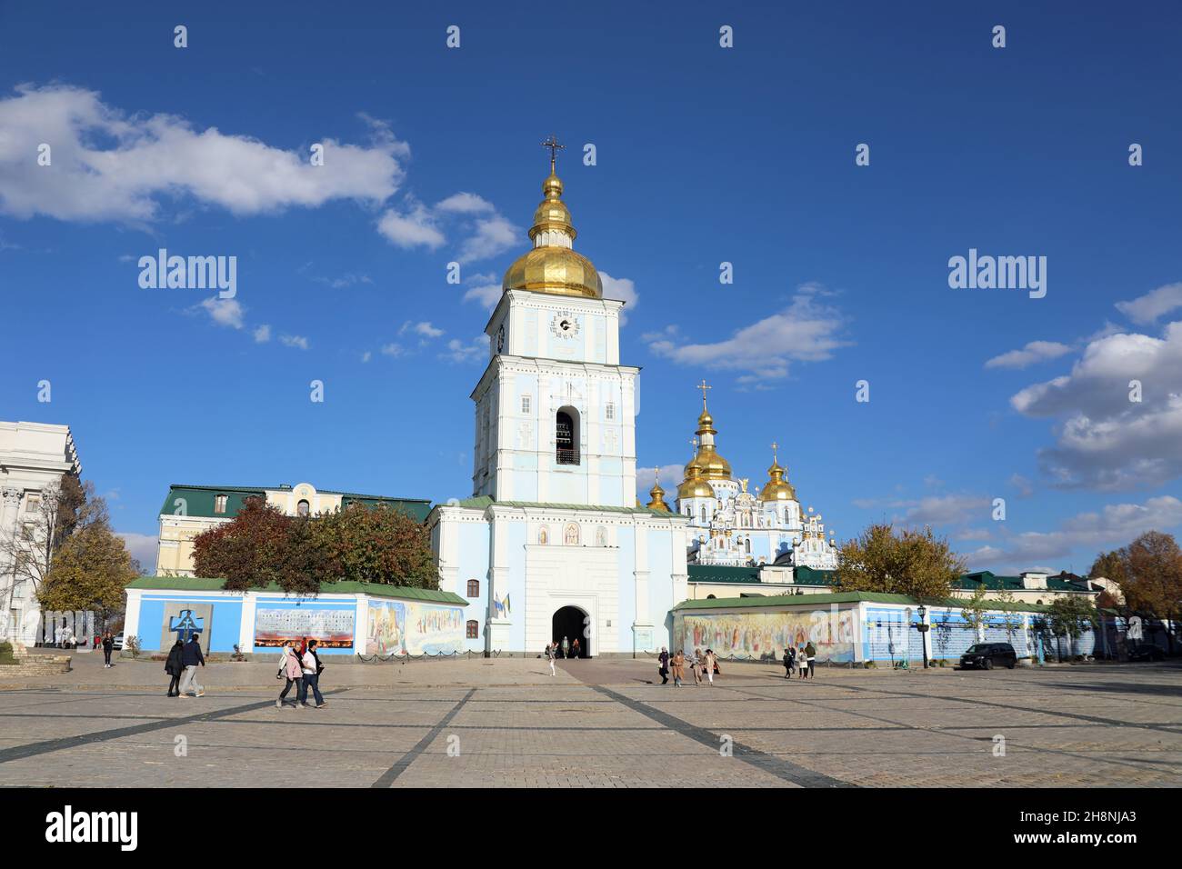 Tourists at Mykhailivska Square in Kyiv Stock Photo