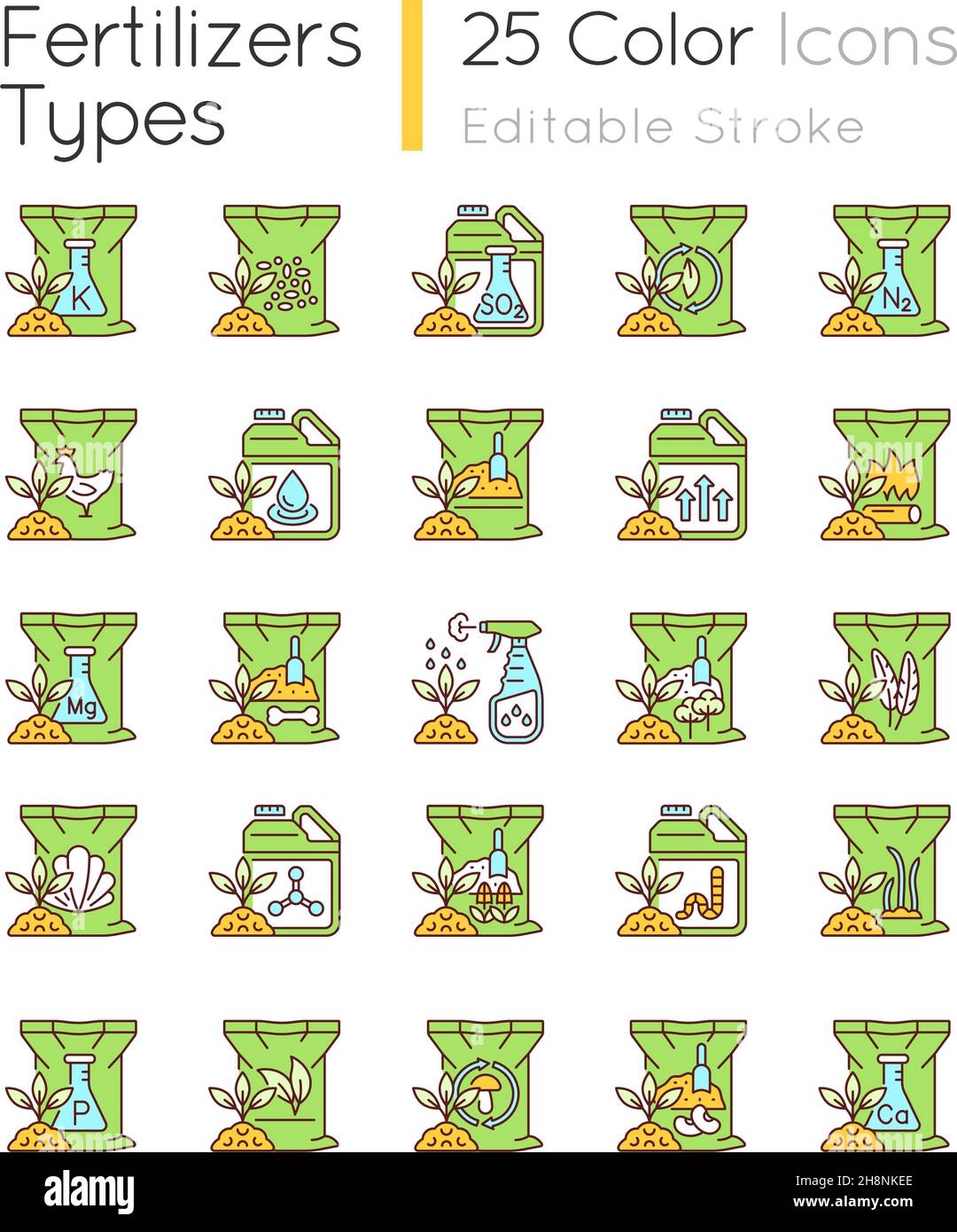Fertilizers type RGB color icons set Stock Vector