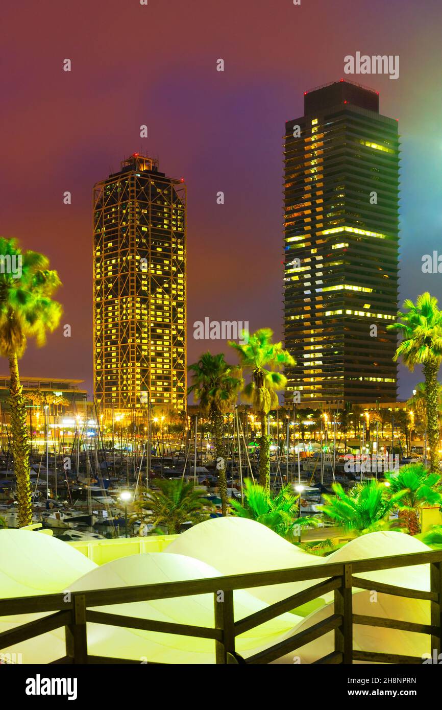 Night view of skyscrapers from port. Barcelona Stock Photo