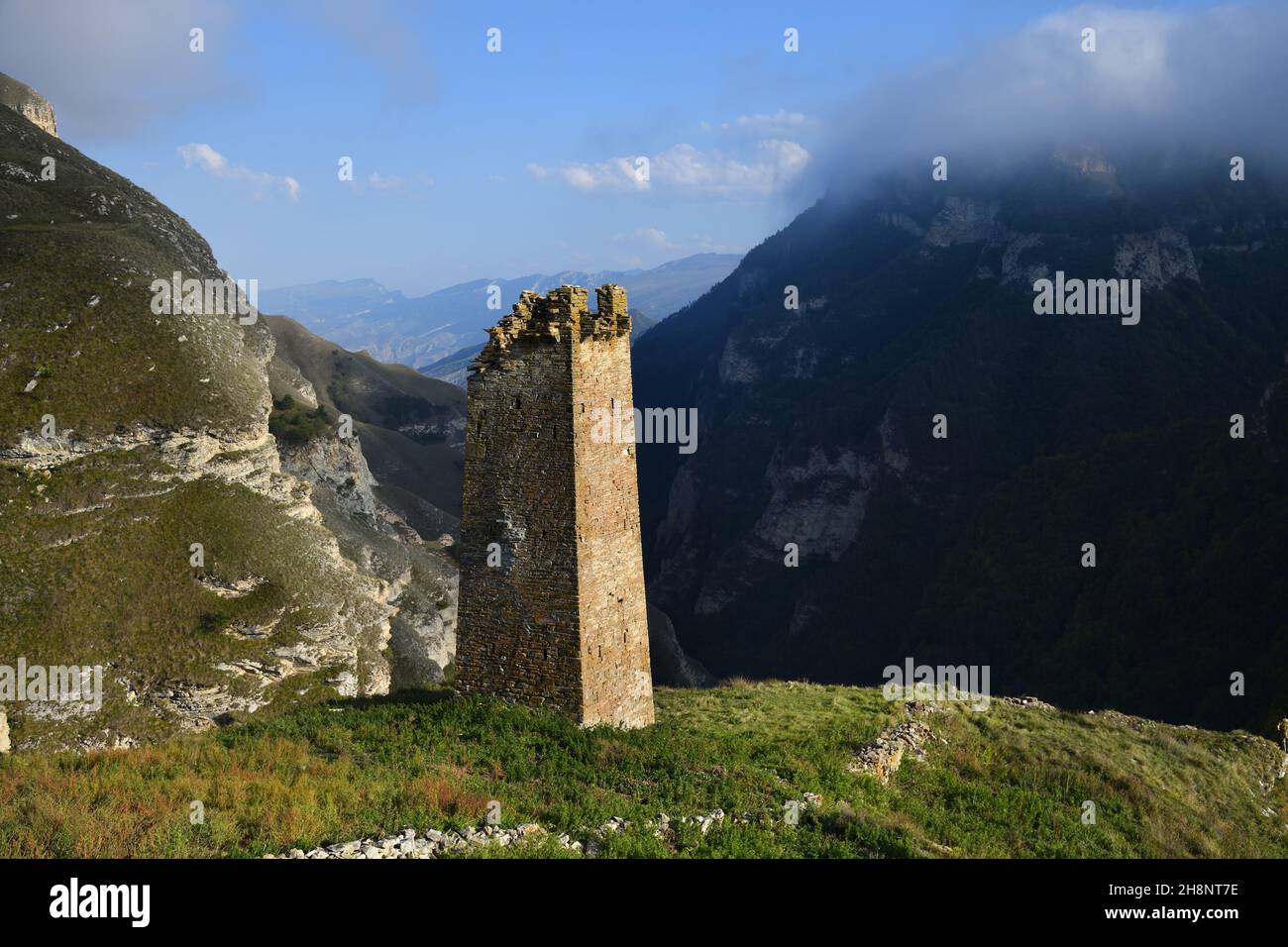 Medieval ruins building of the Harcaroy Battle Tower. Kharkaroi village, Vedensky district, Chechen Republic. Russia Stock Photo