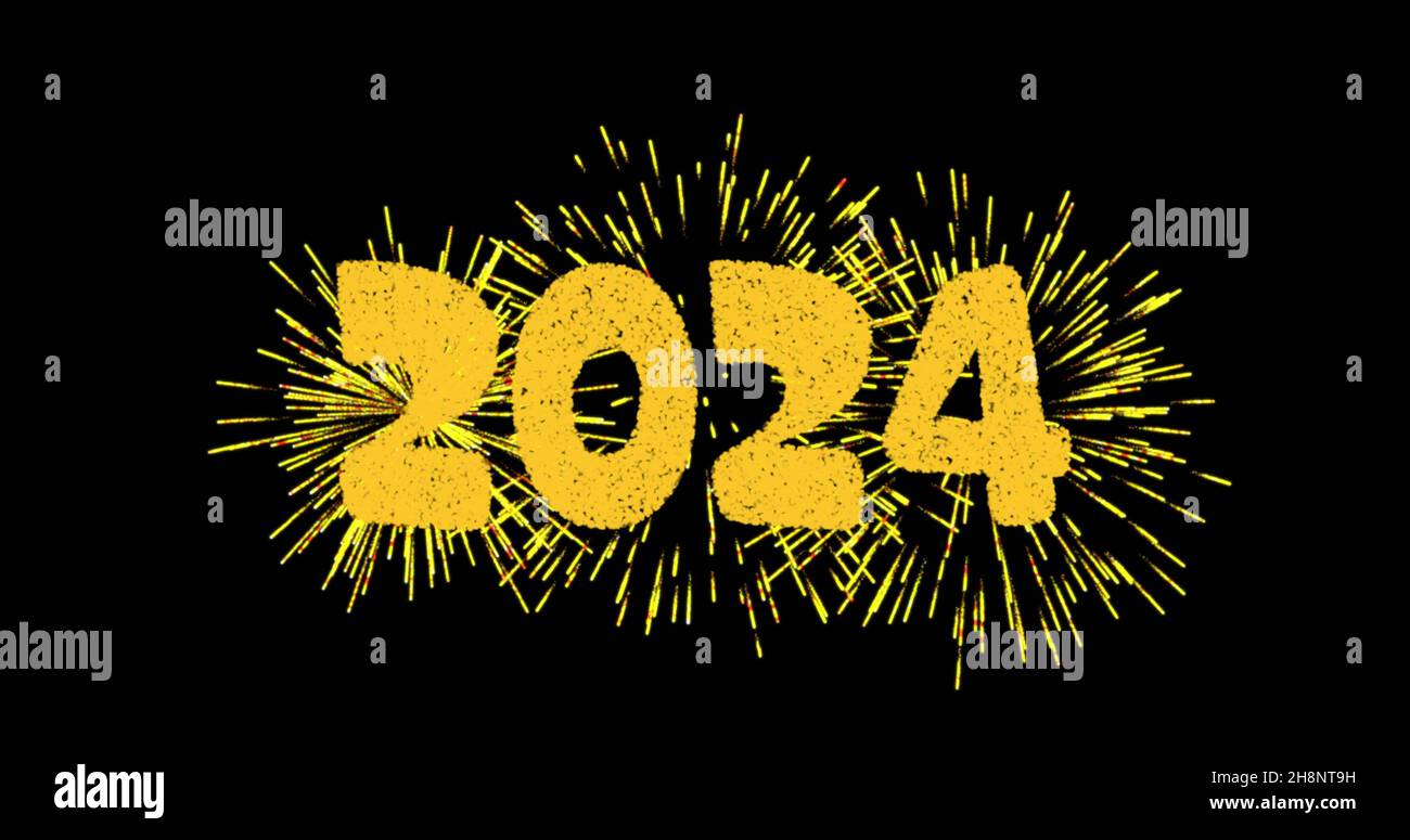 Image of 2024 text in gold with yellow new year fireworks exploding in