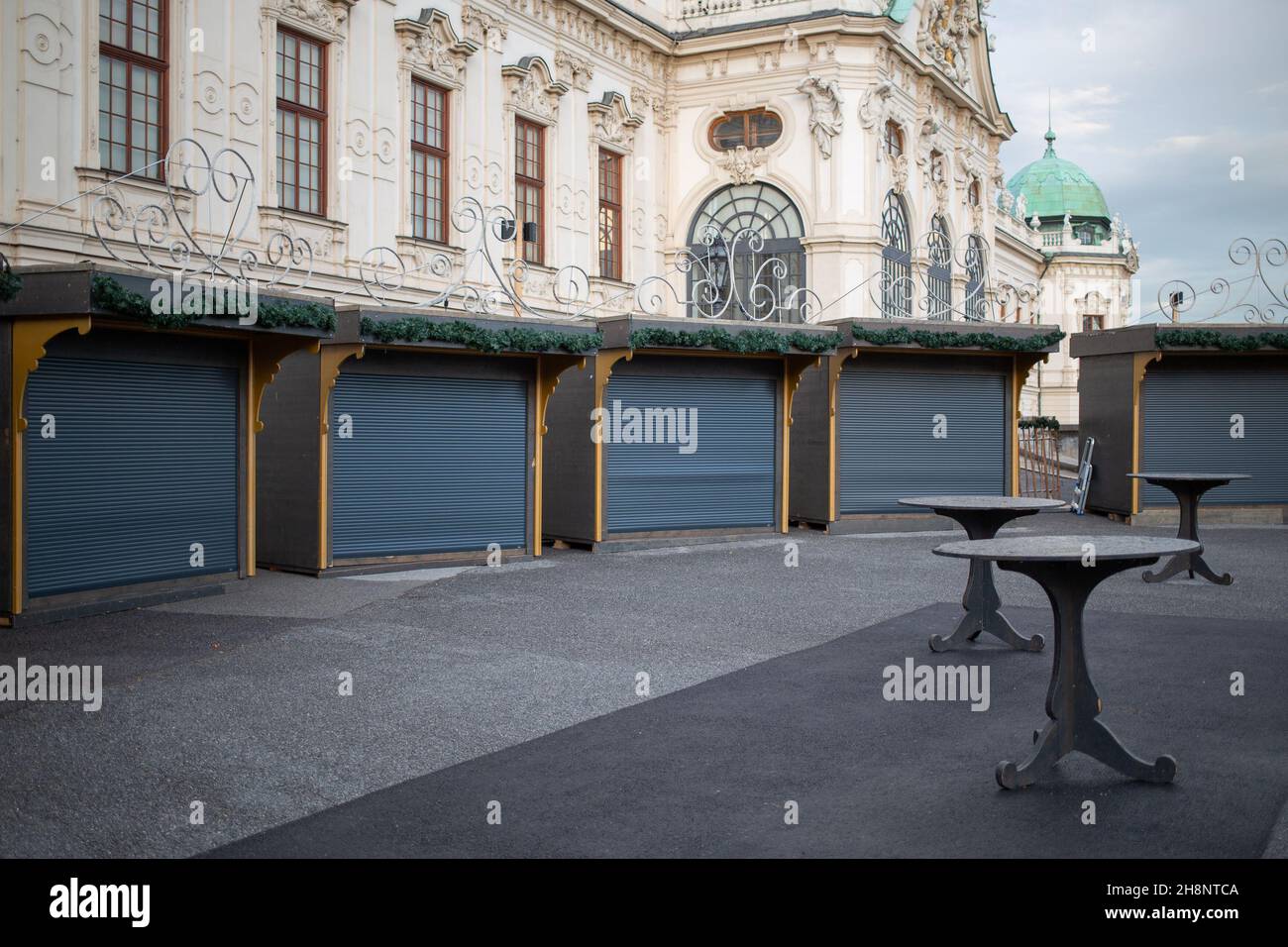 Closed Christmas/Winter Markets at Belvedere Palace, Vienna during the 4th Lockdown in Austria, December 2021 Stock Photo