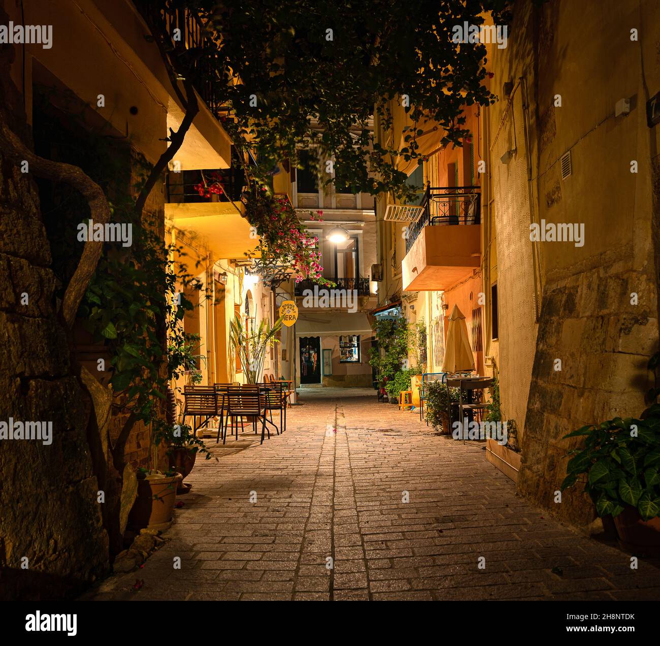 night scene in the old town of Chania from the romantic back street Michail Damaskinou, Chania, Crete, Greece, October 15, 2021 Stock Photo