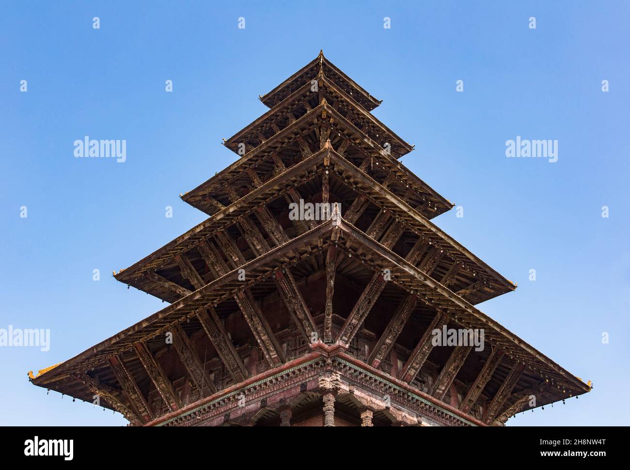 The five-tiered roof of the pagoda-like Nyatapola Temple in the medieval Newari city of Bhaktapur, Nepal. Stock Photo