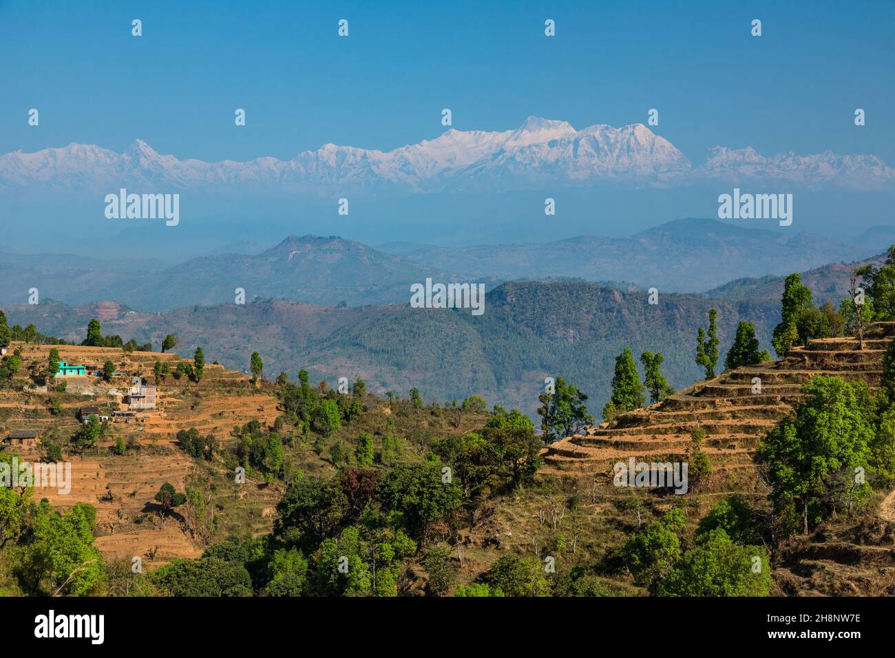 Terraced hillsides near Bandipur, Nepal, with the snow-capped Annapurna Range of the Himalayas. Stock Photo