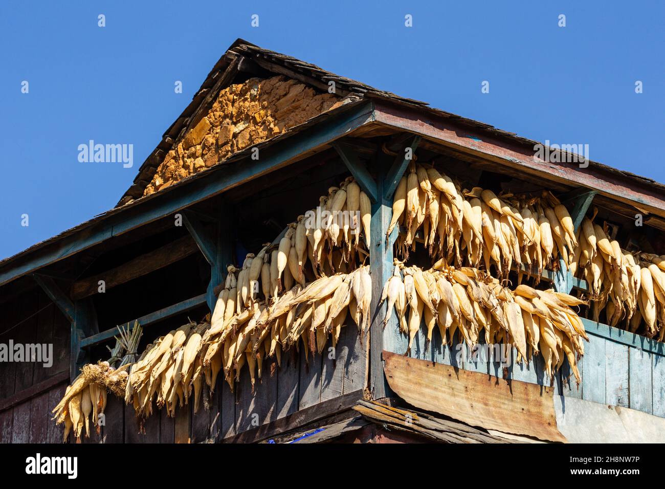 Ears of corn hanging out to dry under the eaves of a traditional farm house in Bandipur, Nepal. Stock Photo