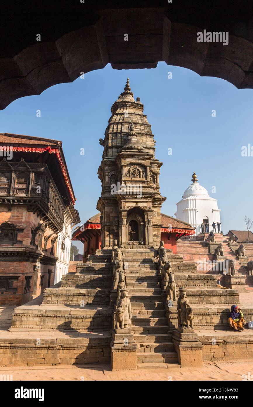 Stone guardians on the Siddhi Laxmi Hindu temple in Durbar Square. Medieval Newar city of Bhaktapur, Nepal. Stock Photo