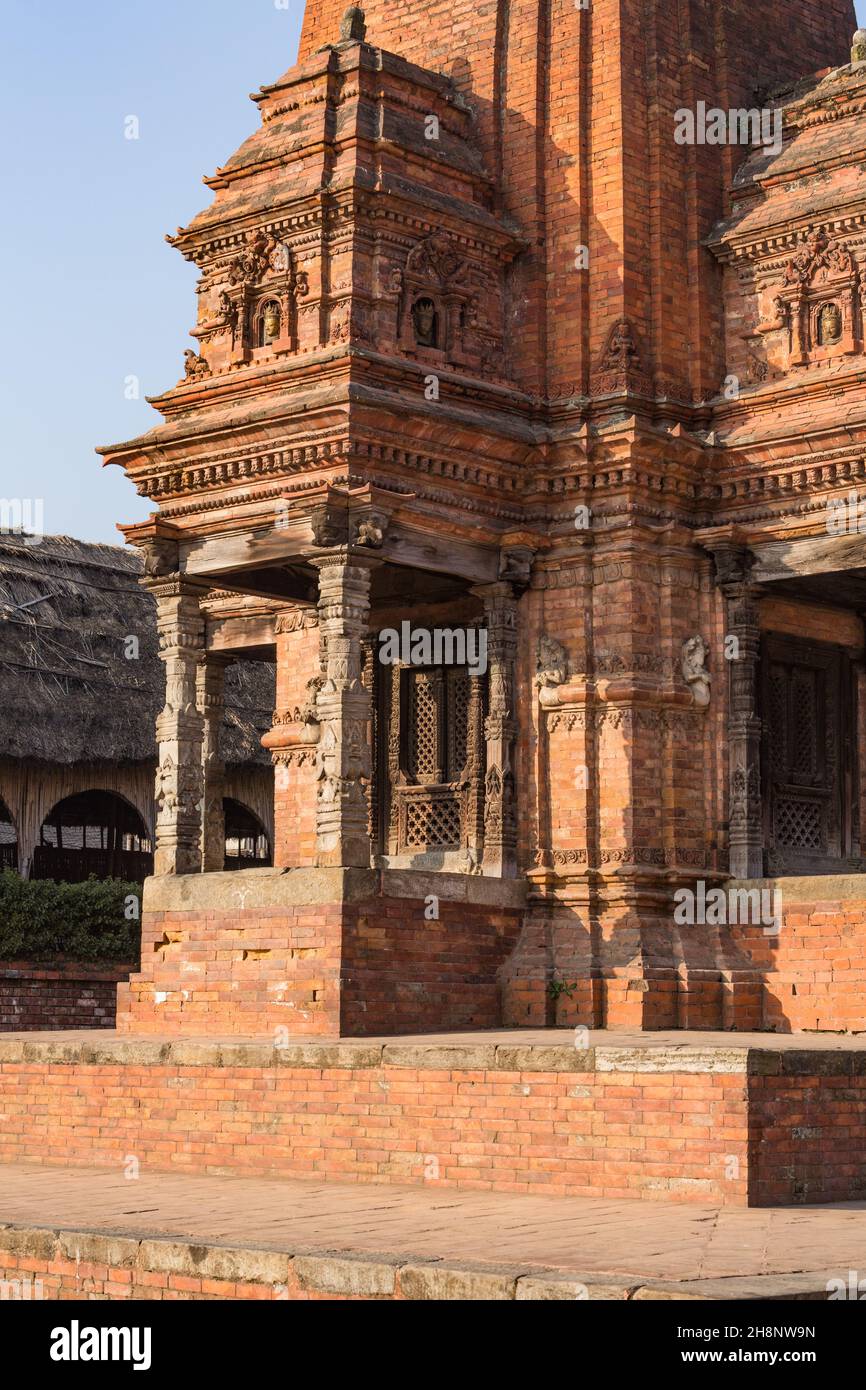 Elaborately-carved pillars at the entrance to the Badrinath Temple in Durbar Square, Bhaktapur, Nepal. Stock Photo