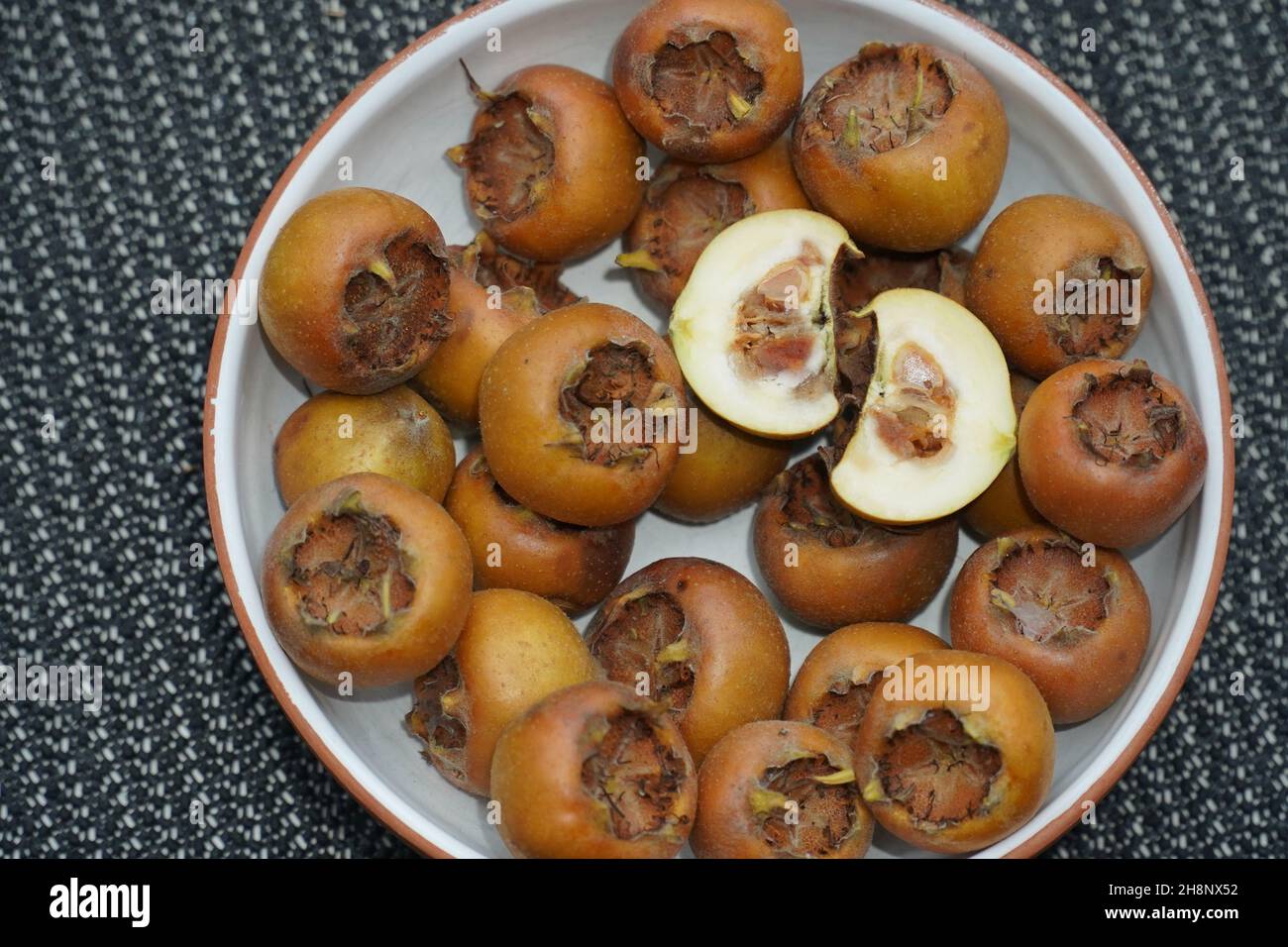 Healthy and edible medlar fruits (mespilus germanica, family rosaceae) on o medlar tree in december. Medlar fruit is available in winter. Stock Photo