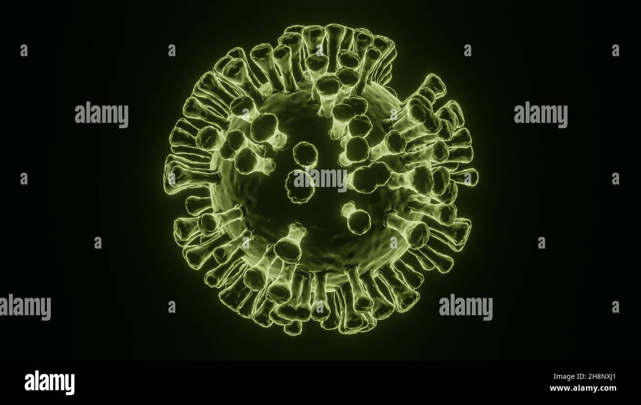 3D illustration of Covid-19 Coronavirus cell, visualization of sars-cov-2 model with green glowing or radient effect on black background Stock Photo
