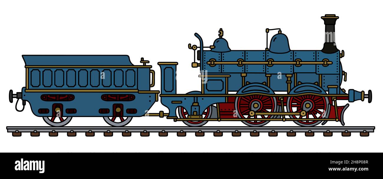 Hand drawing of a vintage blue steam locomotive Stock Photo - Alamy