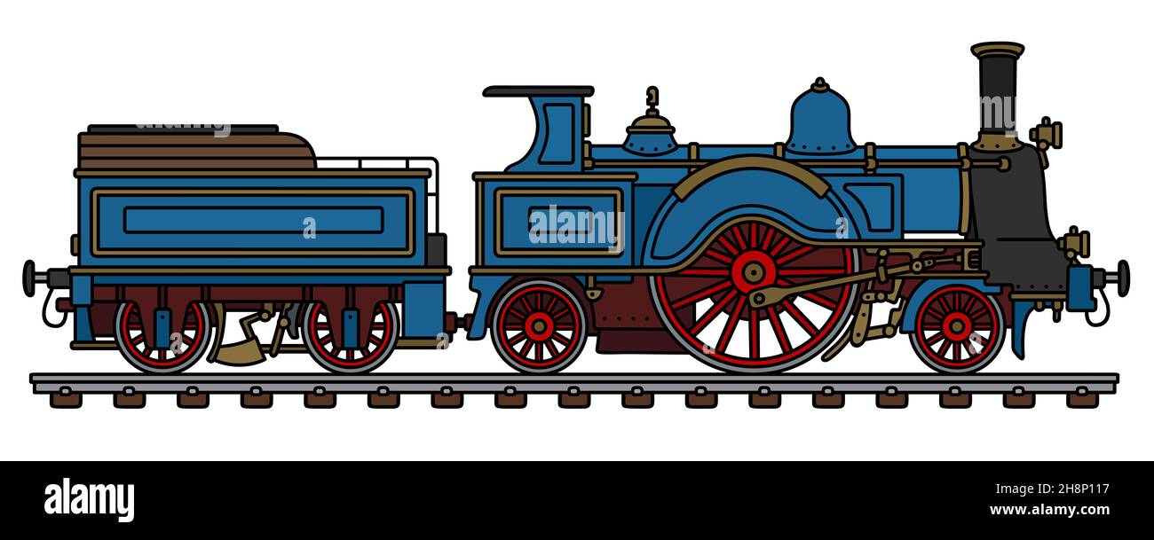 Hand drawing of a vintage blue steam locomotive Stock Photo - Alamy