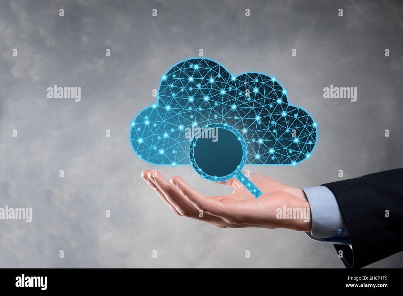 Cloud technology. Polygonal wireframe cloud storage sign with search ...