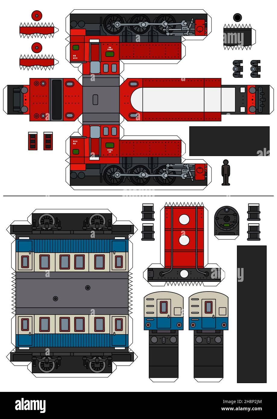Paper model of a vintage red steam locomotive and a blue and cream ...