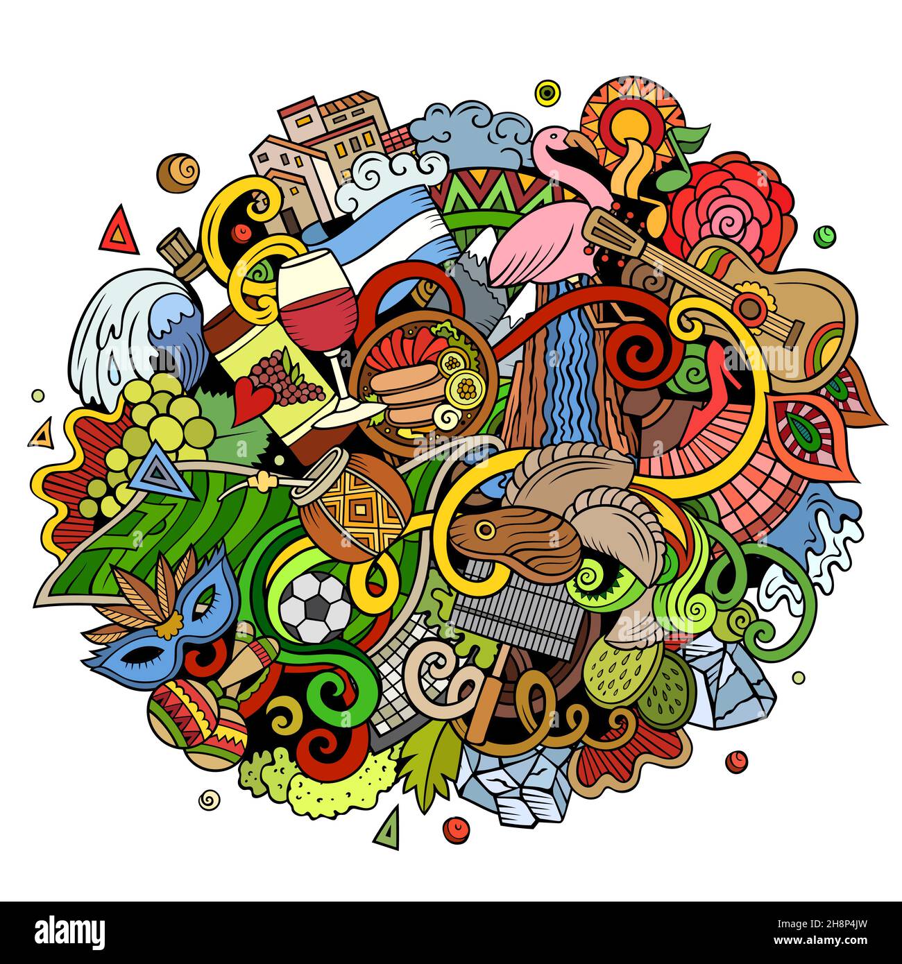 Argentina hand drawn cartoon doodles illustration. Funny travel design. Creative vector background. Latin America country elements and objects. Stock Vector